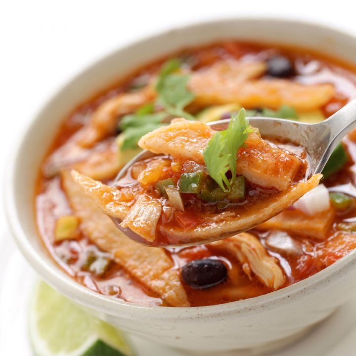 Mexican sopa de lima, chicken and lime soup with tortillas in a white bowl.