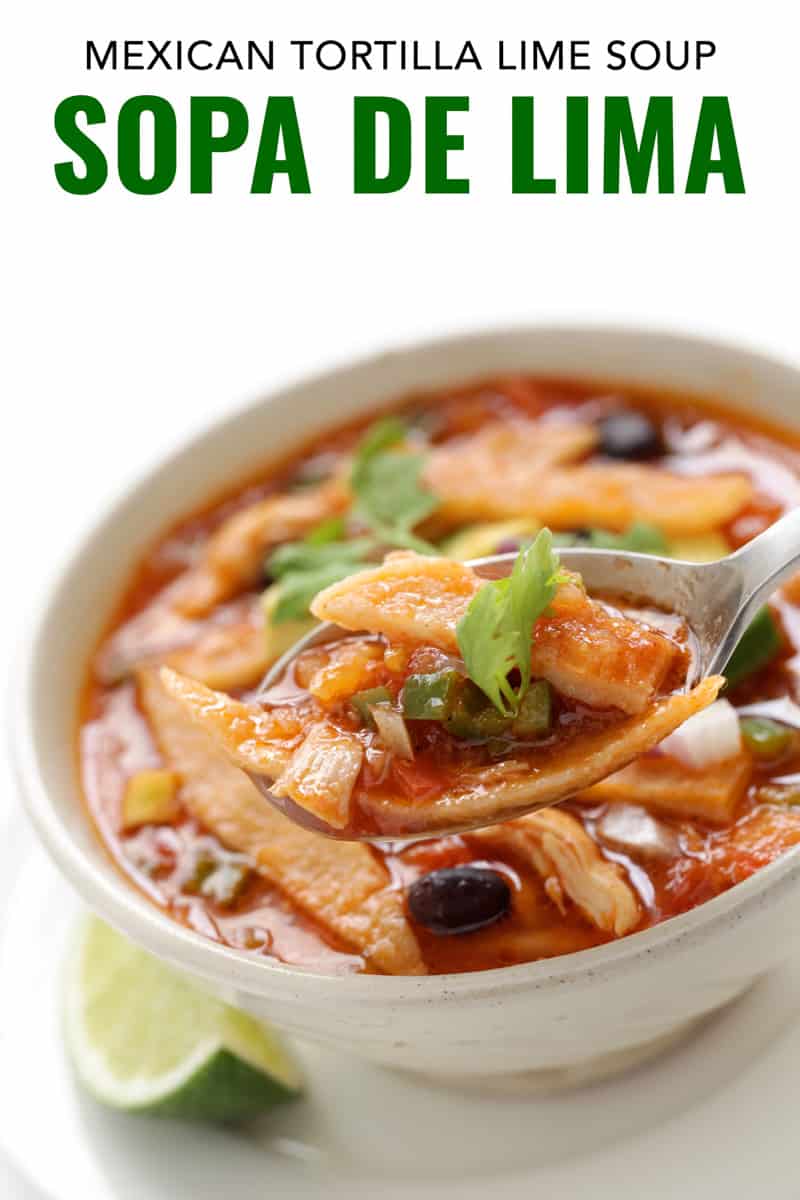 Mexican chicken and lime soup with tortillas in a white bowl.