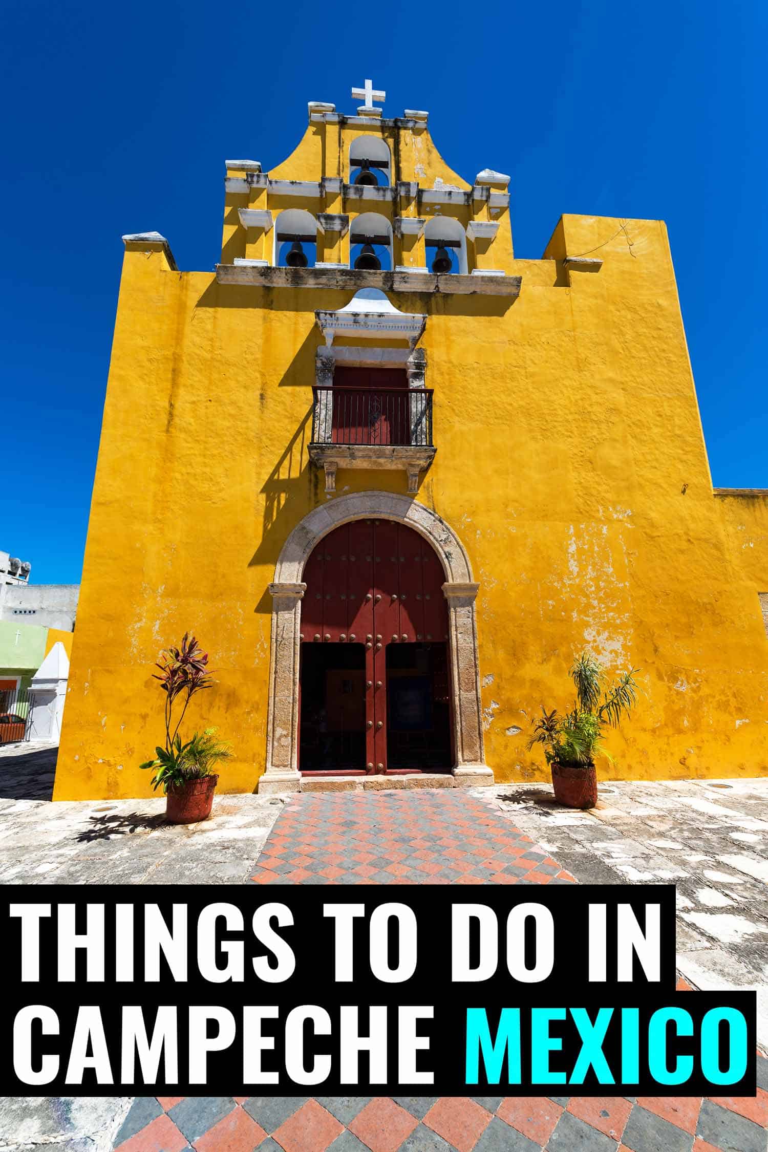 Yellow church in Campeche Mexico