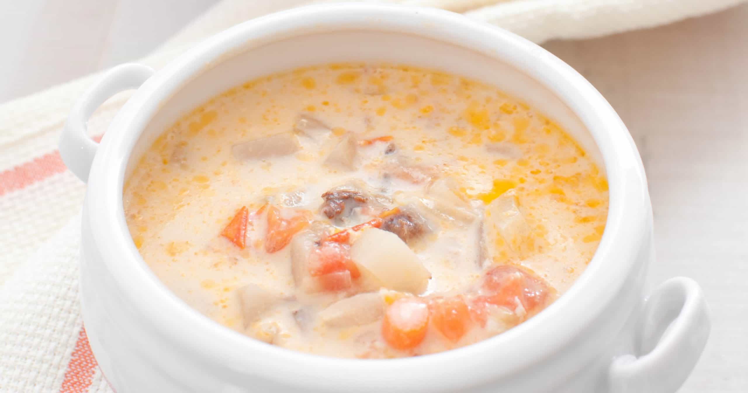 Nova Scotia seafood chowder in a white bowl