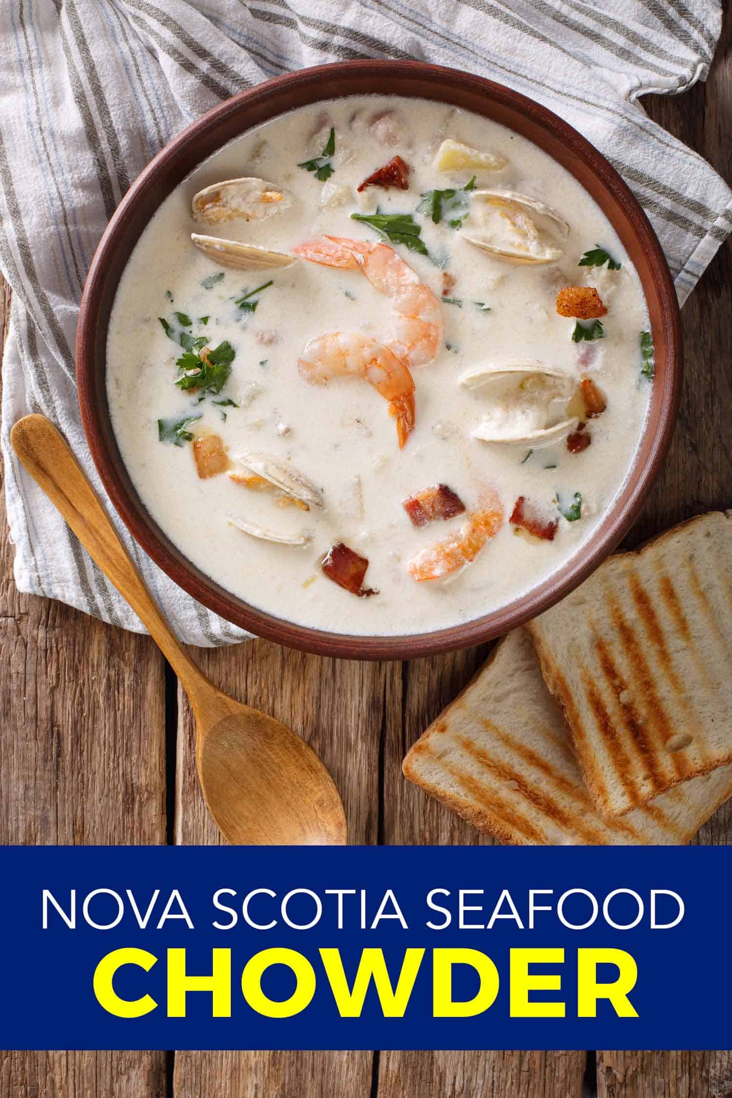 Seafood chowder in a dark brown bowl