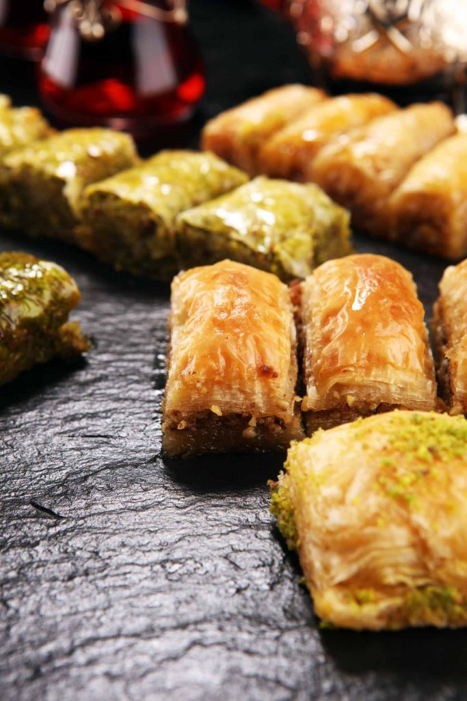 Jordanian food. Middle eastern or arabic dishes. Turkish Dessert Baklava with pistachio.