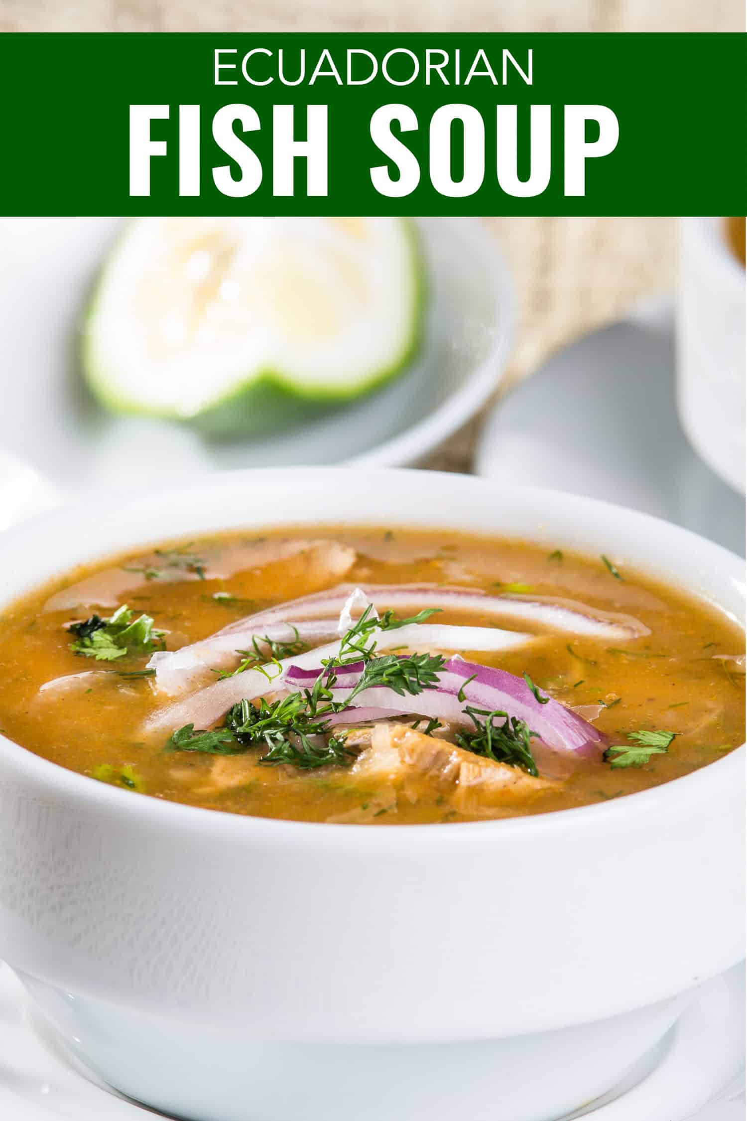 Encebollado, Ecuadorian fish soup in a white bowl.