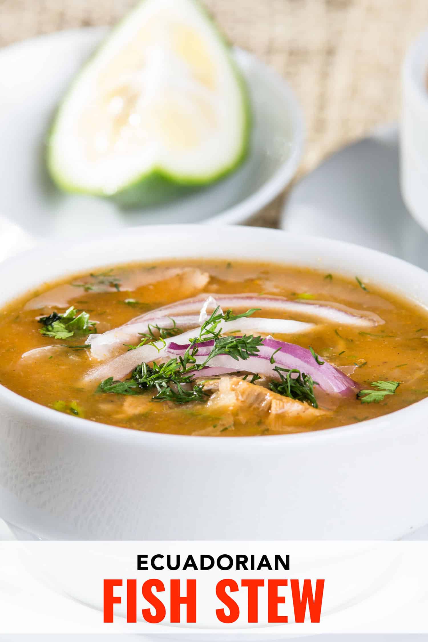 Encebollado, Ecuadorian fish soup in a white bowl.