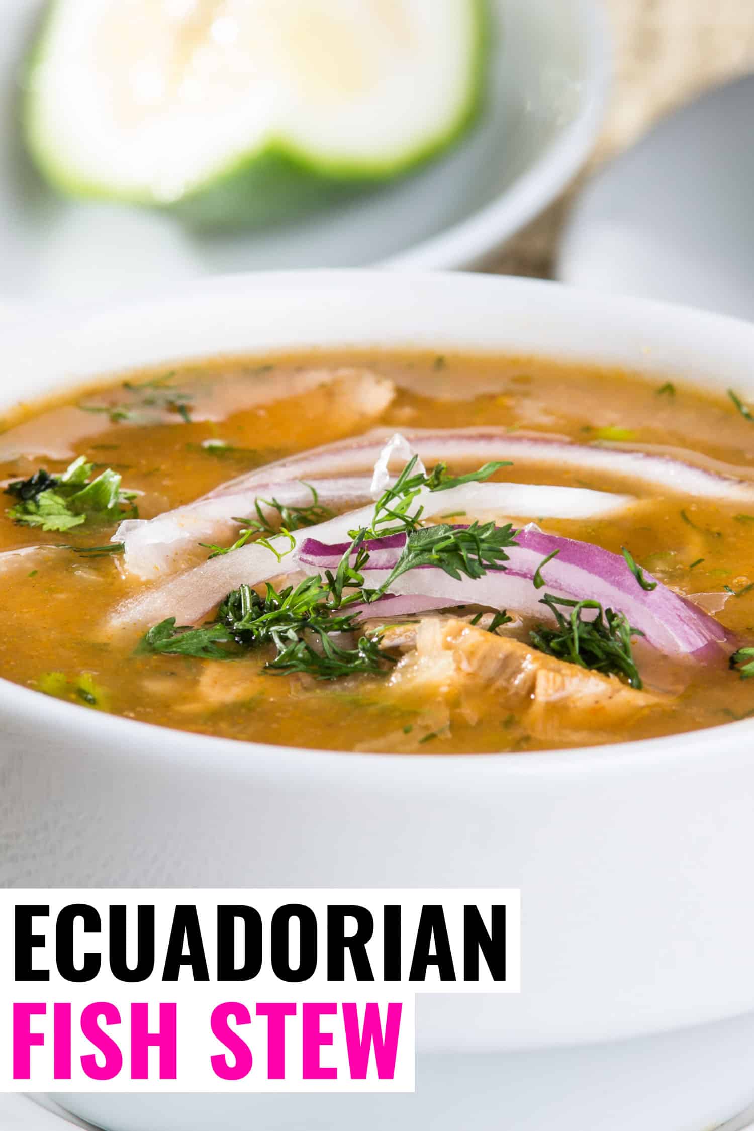 Encebollado, Ecuadorian fish soup in a white bowl.