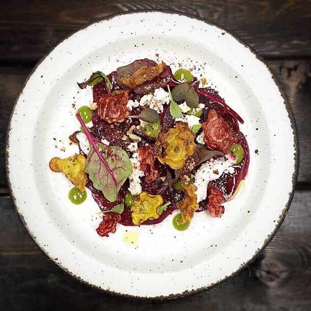 beet carpaccio Fermented beet carpaccio: This beet salad recipe uses fermented beets and crispy beets with goat ricotta. It will impress your dinner party guests but this recipe is quite easy to make.