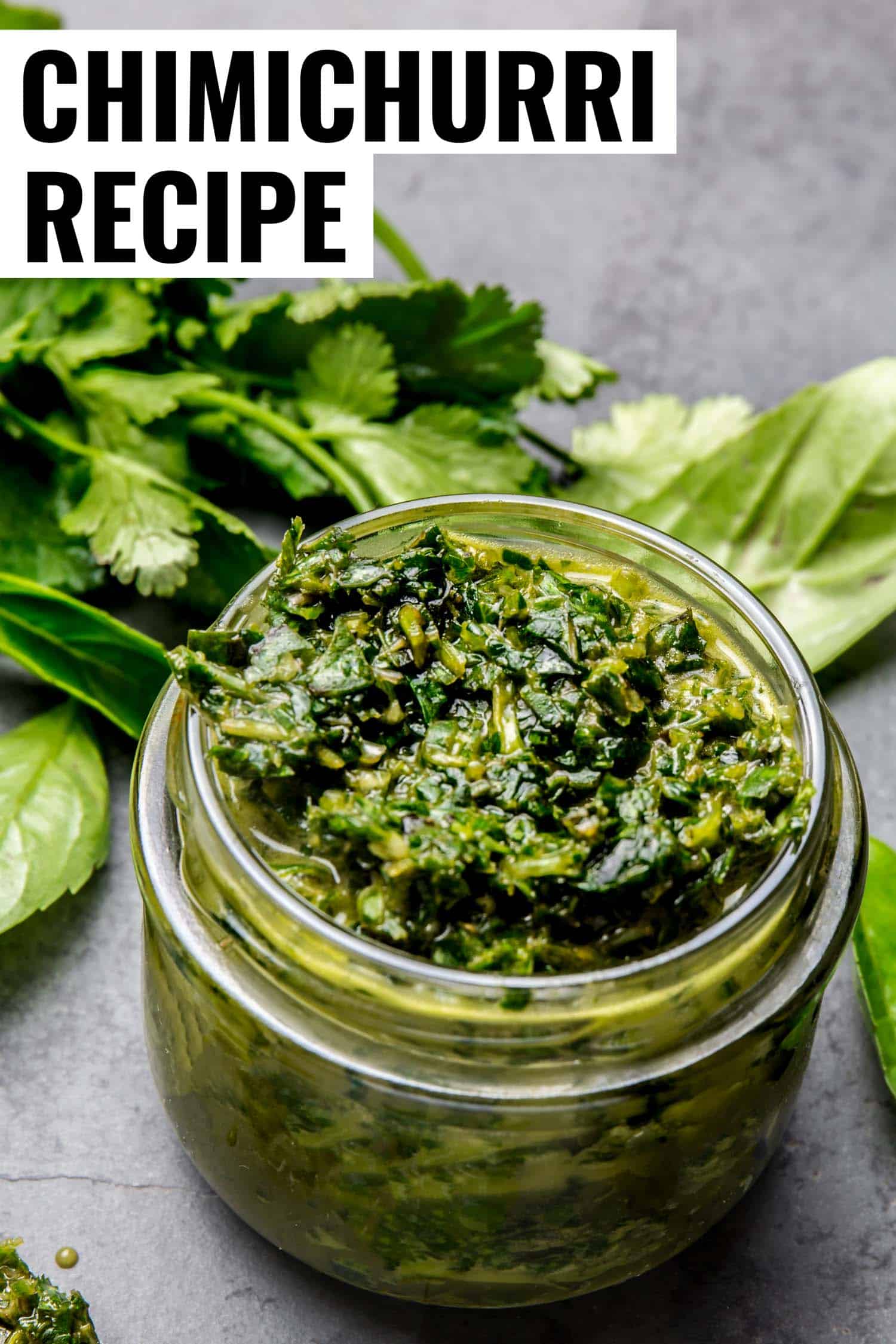 Fresh chimichurri in a glass small jar