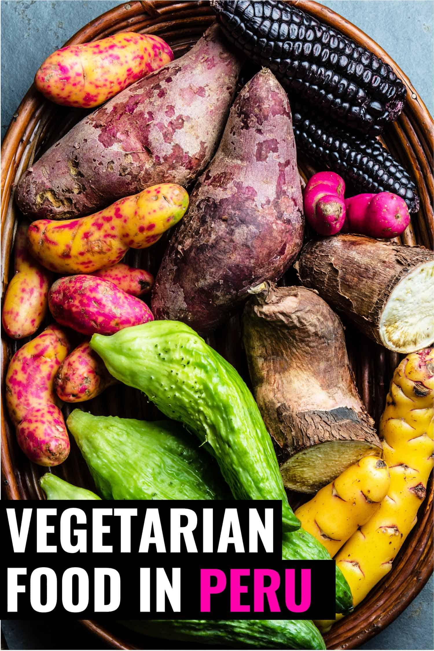 Basket of root vegetables in Peru