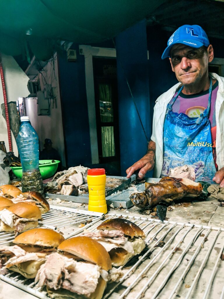 Pan con lechón sold by a vendor at carnavale in Vinales Cuba