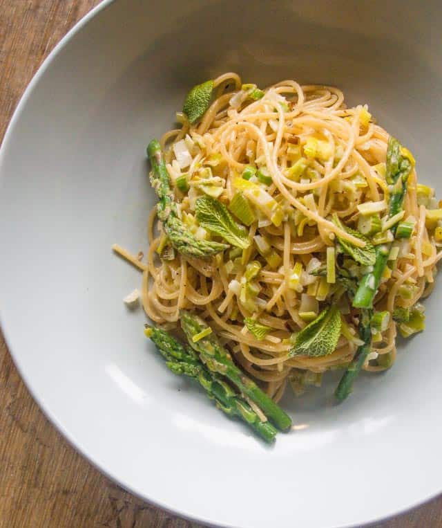 Ingredients for asparagus pasta, with lemon leek cream. You wouldn't believe it only takes 10 minutes to make.