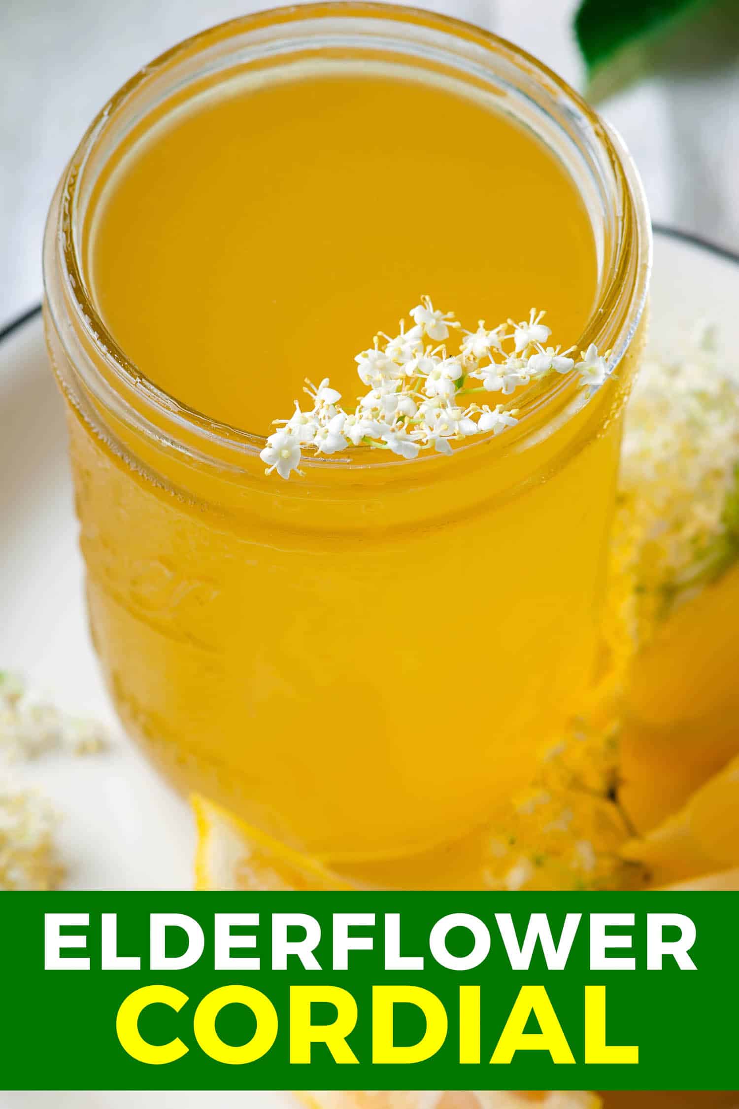 Cordial made with elderflower in a mason jar