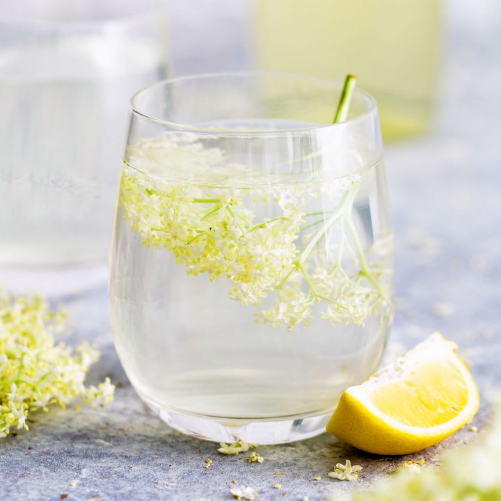 Cordial made with Elderflower in a shallow glass and a slice of lemon