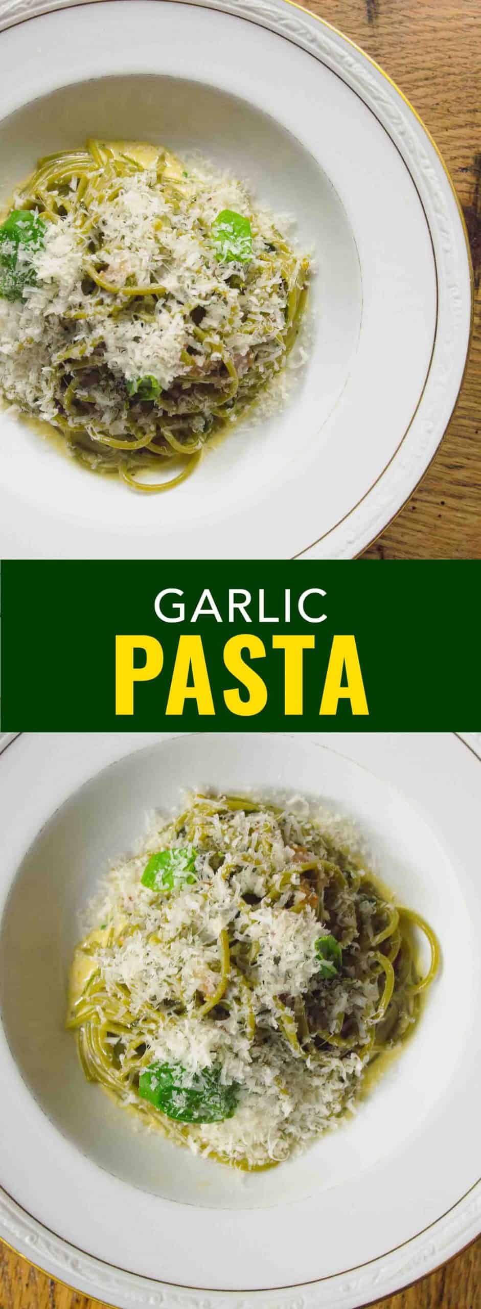 Roasted garlic pasta on a white plate