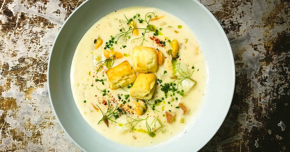 Mussel chowder is a traditional favorite on Prince Edward Island. Here's an indulgent award-winning Chef recipe.