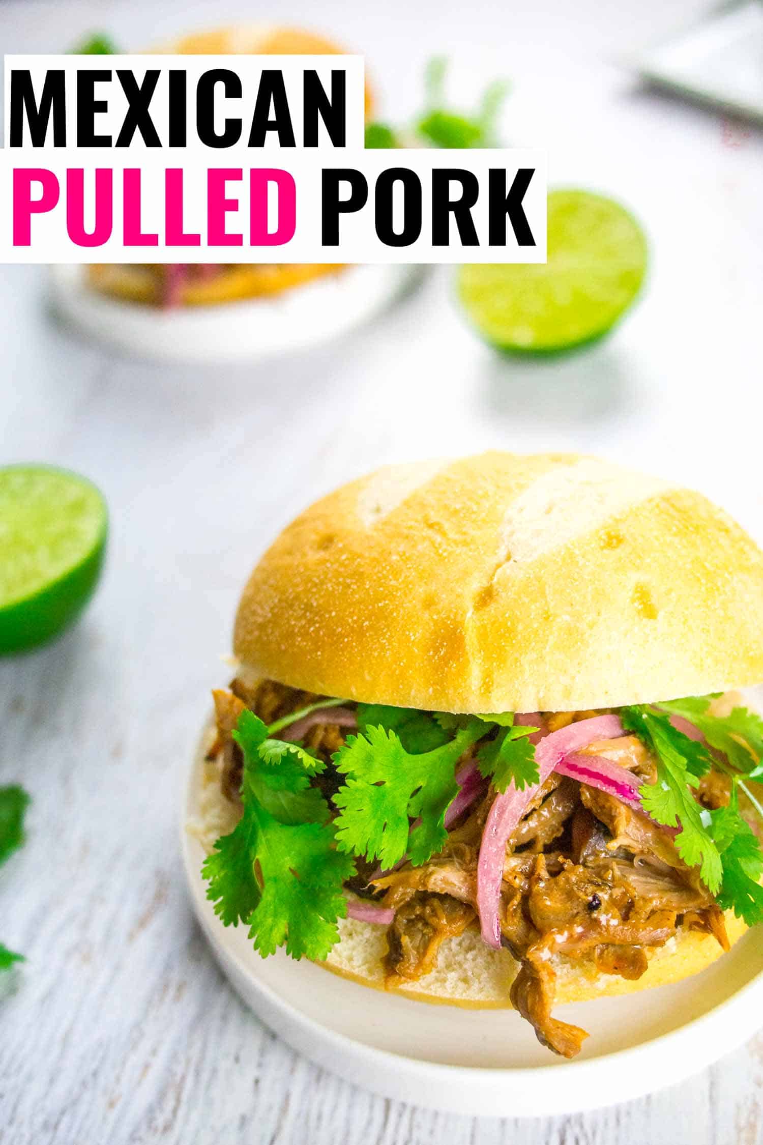 Mexican pulled pork also known as cochinita pibil in Mexico. Served on a bun.