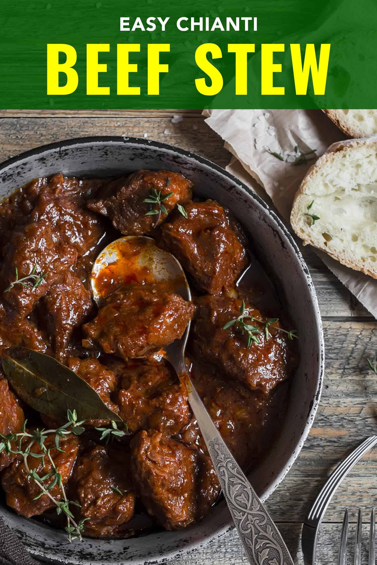 Chianti beef stew in a rustic pot on a grey background