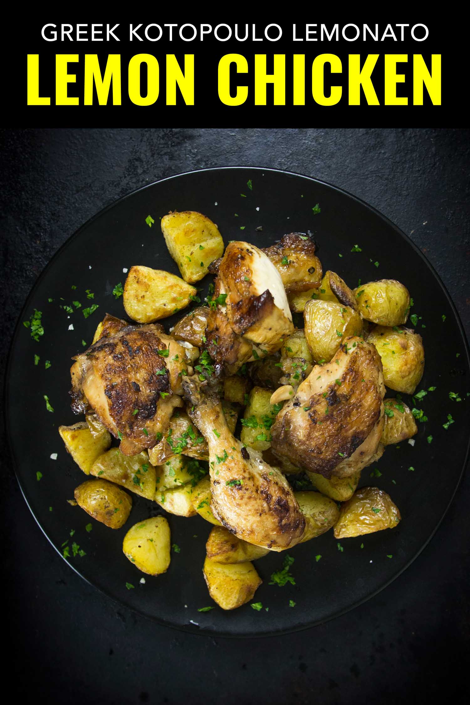 Kotopoulo Lemonato, greek roasted chicken with lemon on dark background