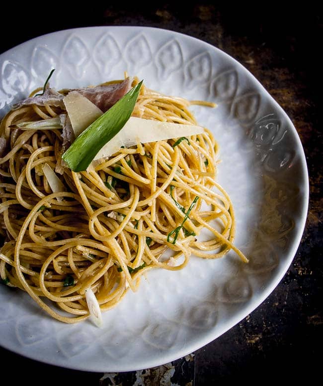 This ramp pasta can be made in less than ten minutes. You'll love the foraged wild onion flavour with the saltiness of prosciutto and parmesan.