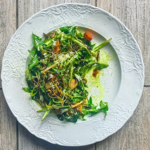Traditionally from Rome, this dish is a spin on a classic puntarelle salad by using dandelion, which is similar but much easier to find in North America.