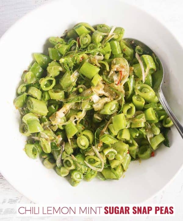 sugar snap peas recipe This sugar snap peas recipe uses the classic combination of chili, lemon and mint for a bright salad made in five minutes. Perfect for making in advance.