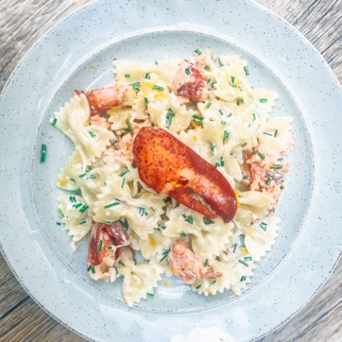 lobster pasta salad with bowtie pasta and a lobster claw on a blue plate