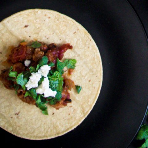 Mexican chicken tinga on a flour tortilla