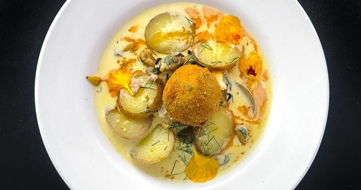 Award winning PEI seafood chowder from Chef Erin Henry, Piatto Pizzeria and Entoteca