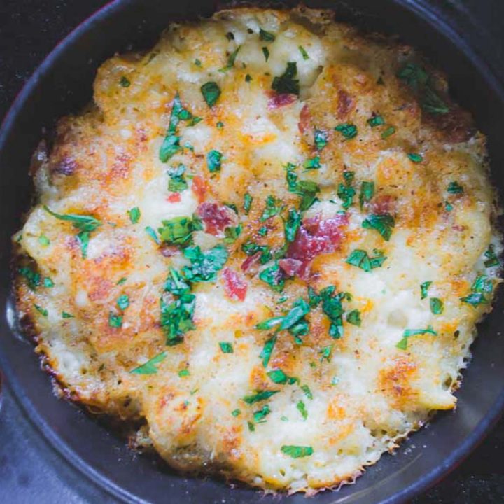 black truffle mac and cheese in a black pan