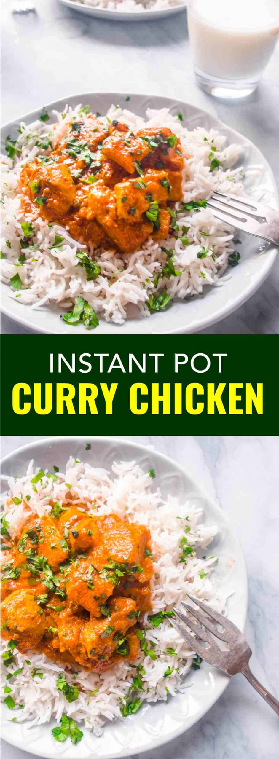 Chicken curry and rice on a white plate with a fork.