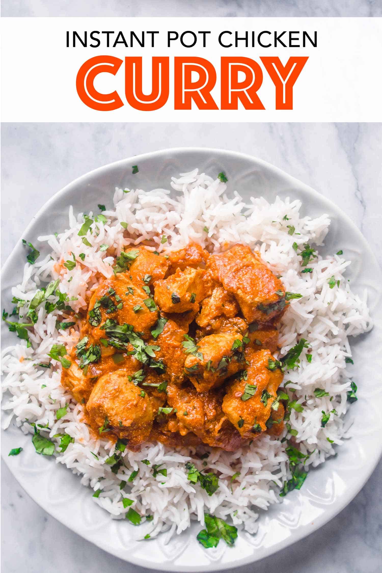 Chicken curry and rice on a white plate with a fork.