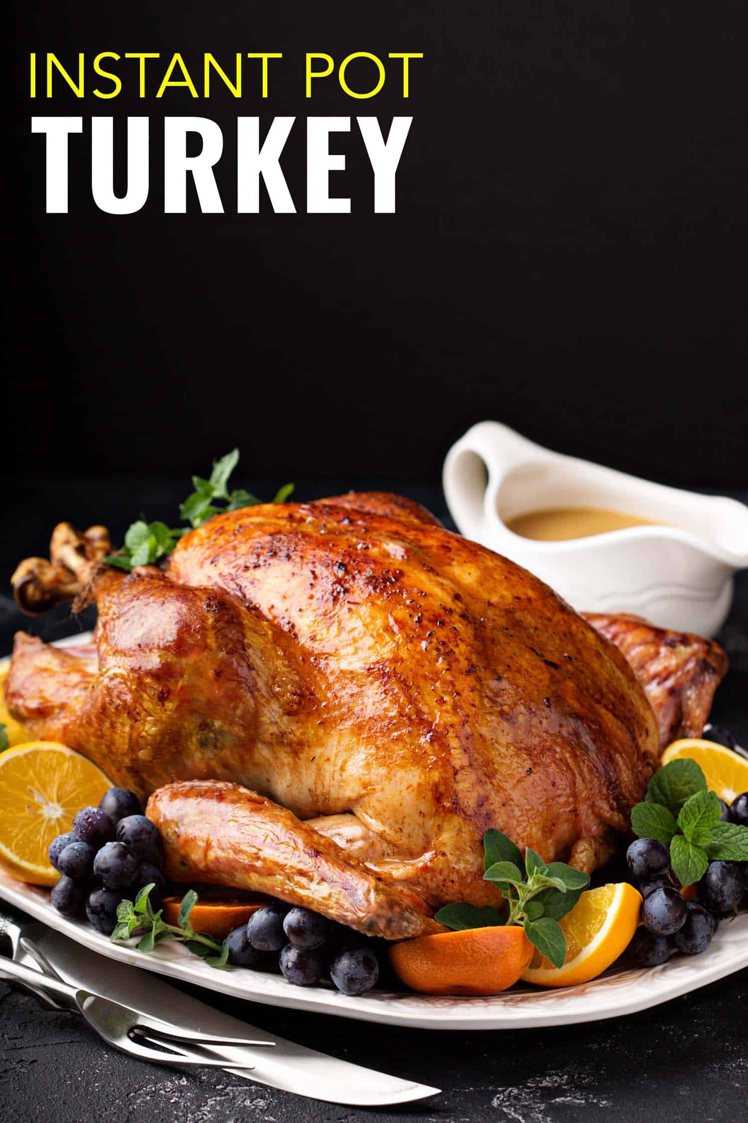 turkey cooked in instant pot on table with side dishes for thanksgiving