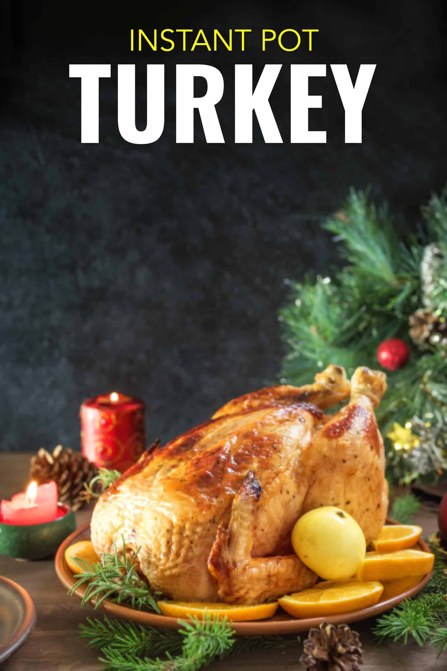 turkey cooked in instant pot on table with side dishes for Christmas dinner