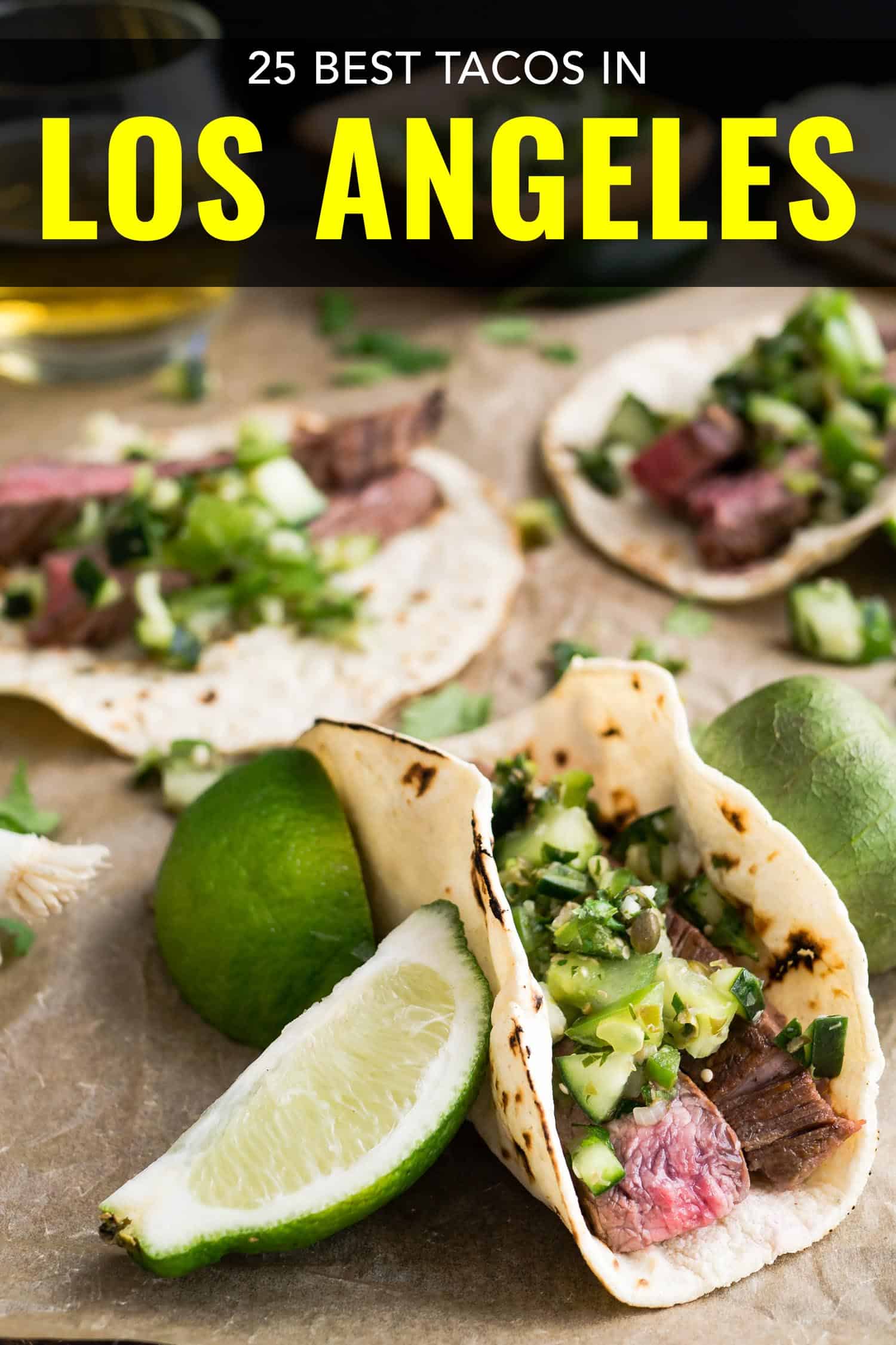 Los Angeles tacos on a cutting board with limes