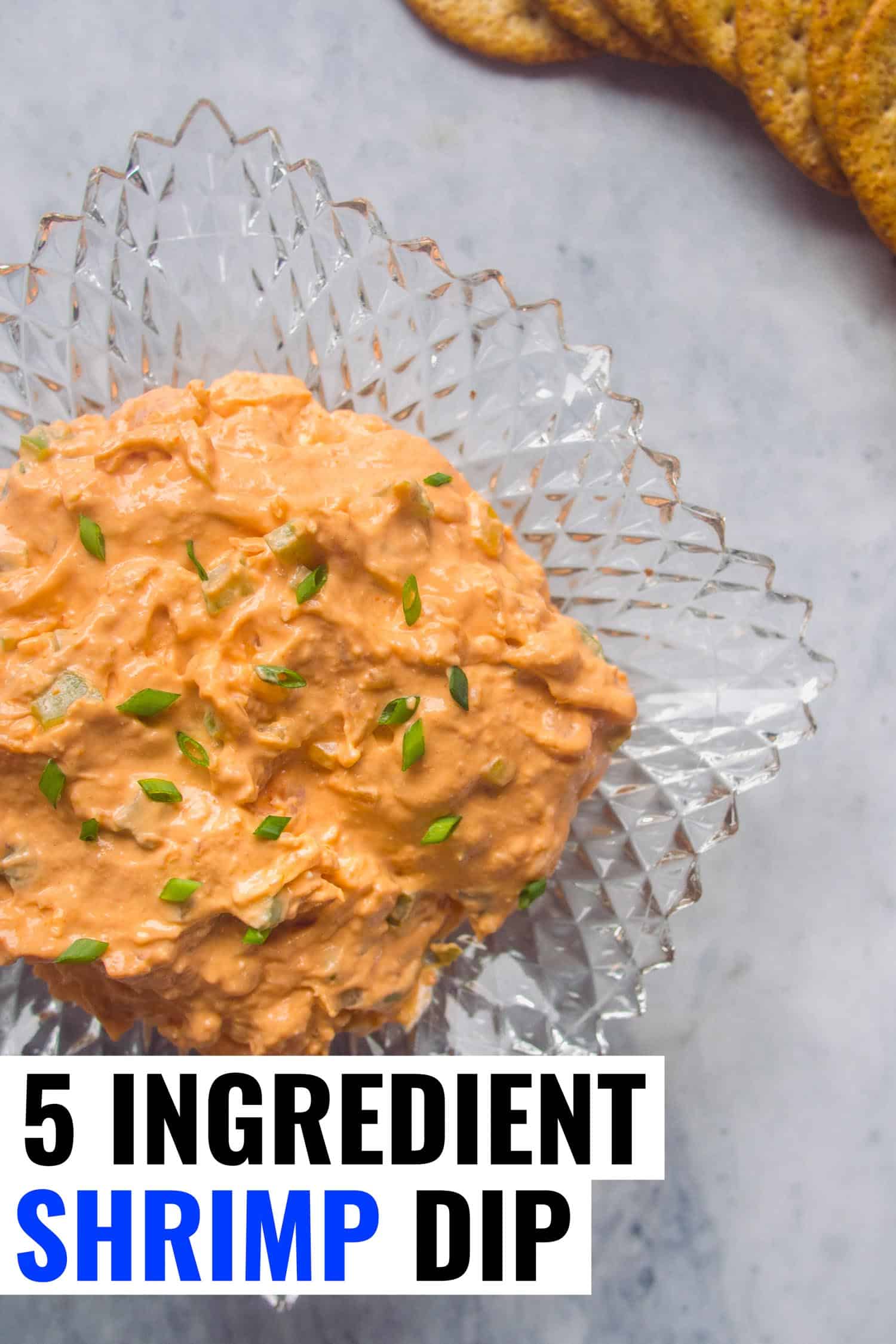 Cold tomato soup shrimp dip in a crystal bowl and crackers