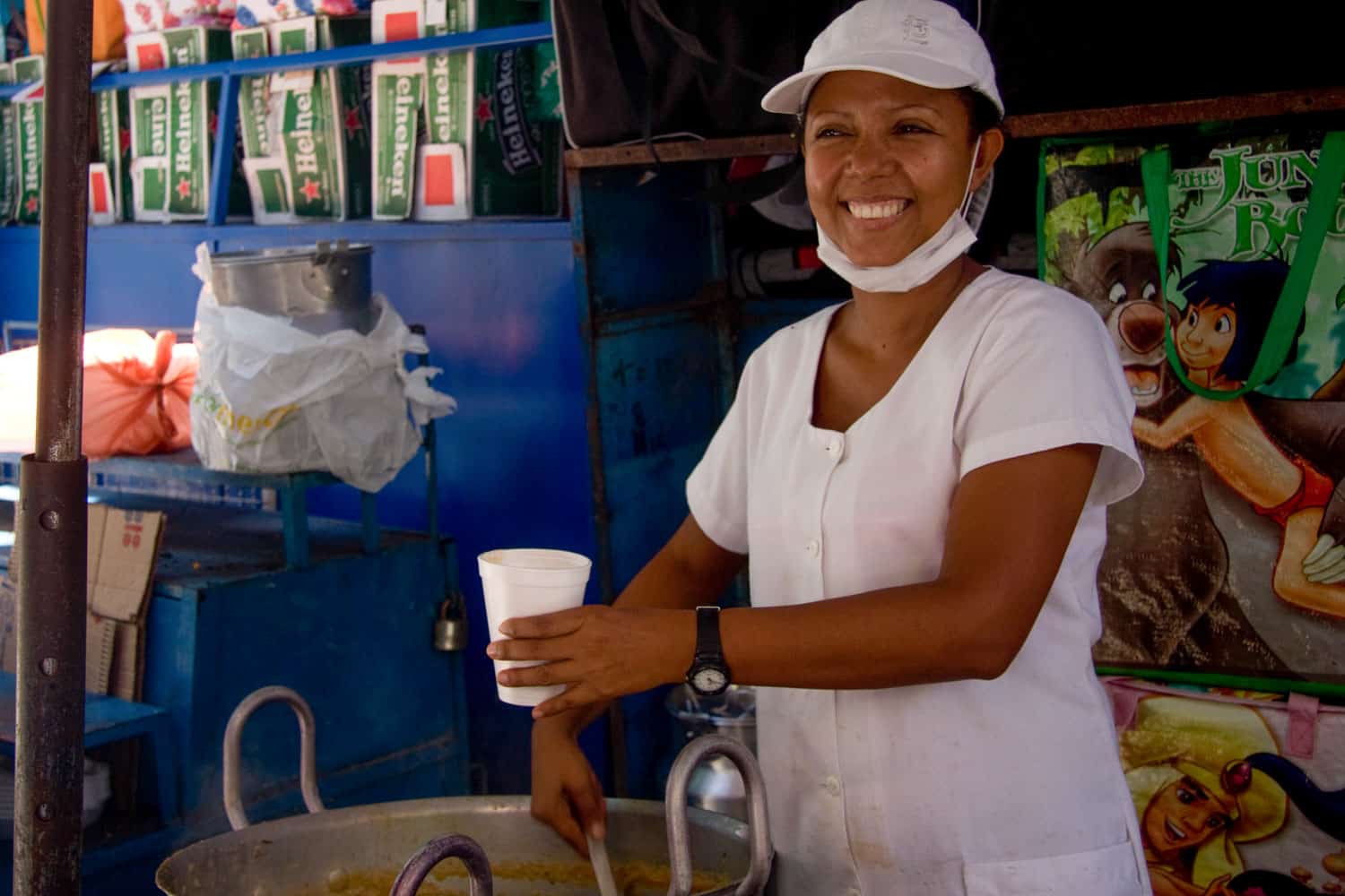 Colombian street food in Santa Marta, a seafood stew vendor.