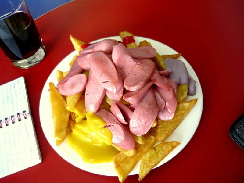 Salchipapas are a fun traditional street food in Colombia.