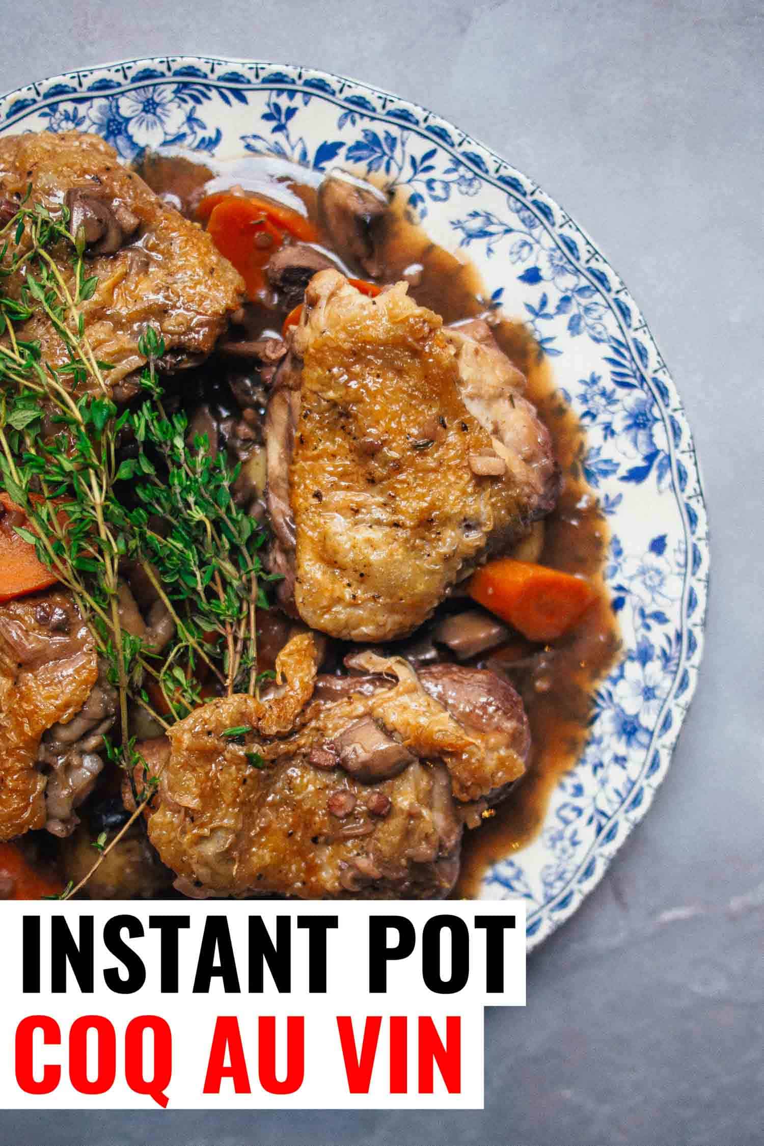 Plate of coq au vin on a grey background