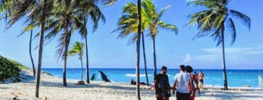 Cubans walking to Havana Beaches Playas del Este with palm trees in distance