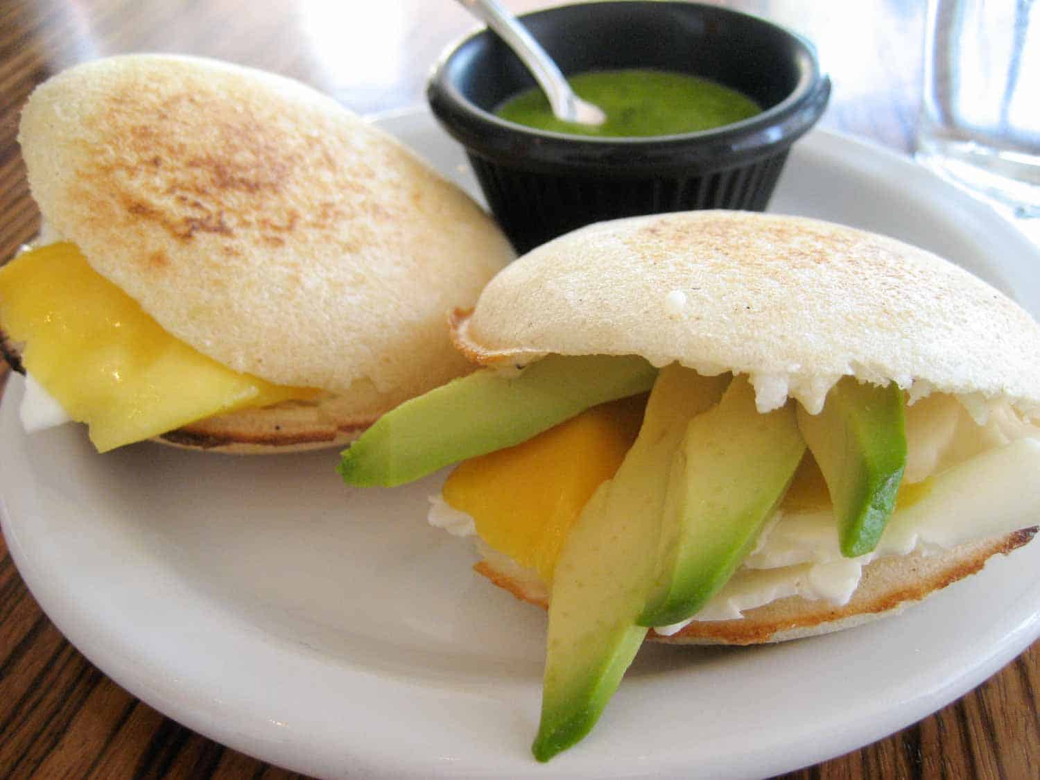 Arepas are a common street food in Panama and have many fillings.