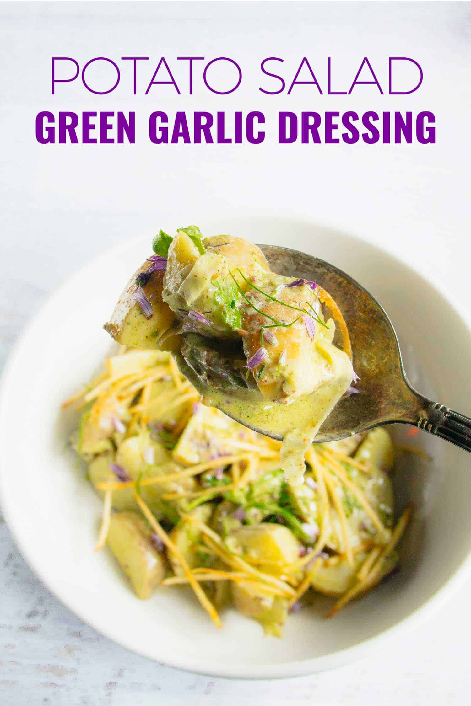 This green garlic potato salad dressing is so addictive and tastes even better the next day. Your friends will beg you for the recipe.