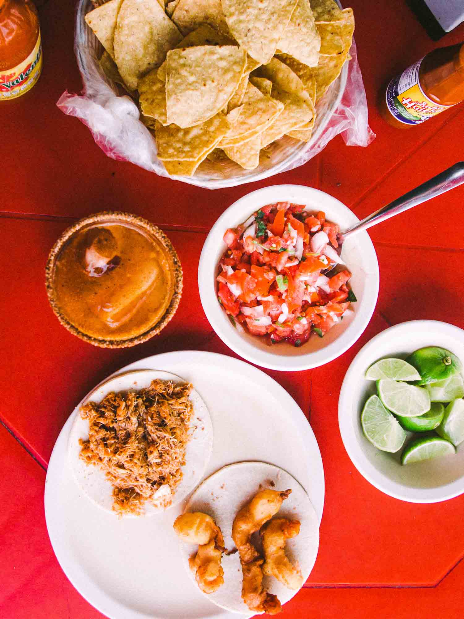 Seafood shrimp and fish tacos at Las Florestra Playa del Carmen.