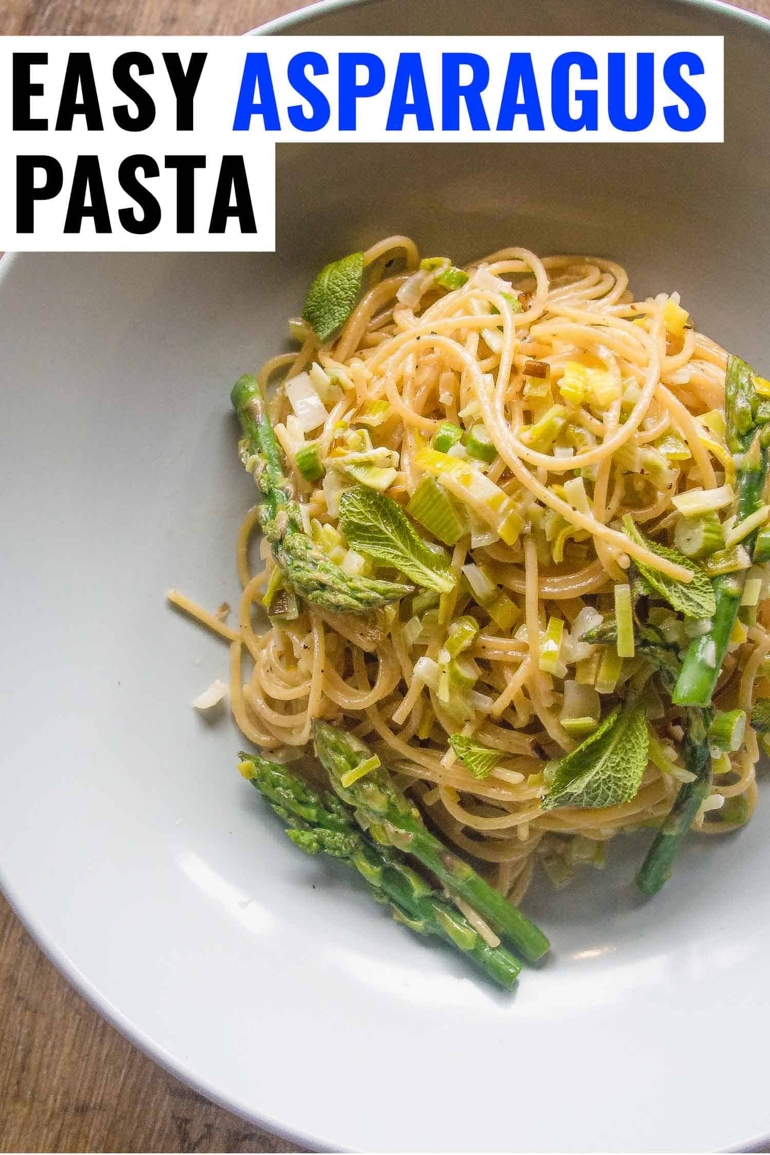 asparagus pasta in a bowl with lemon cream and leek