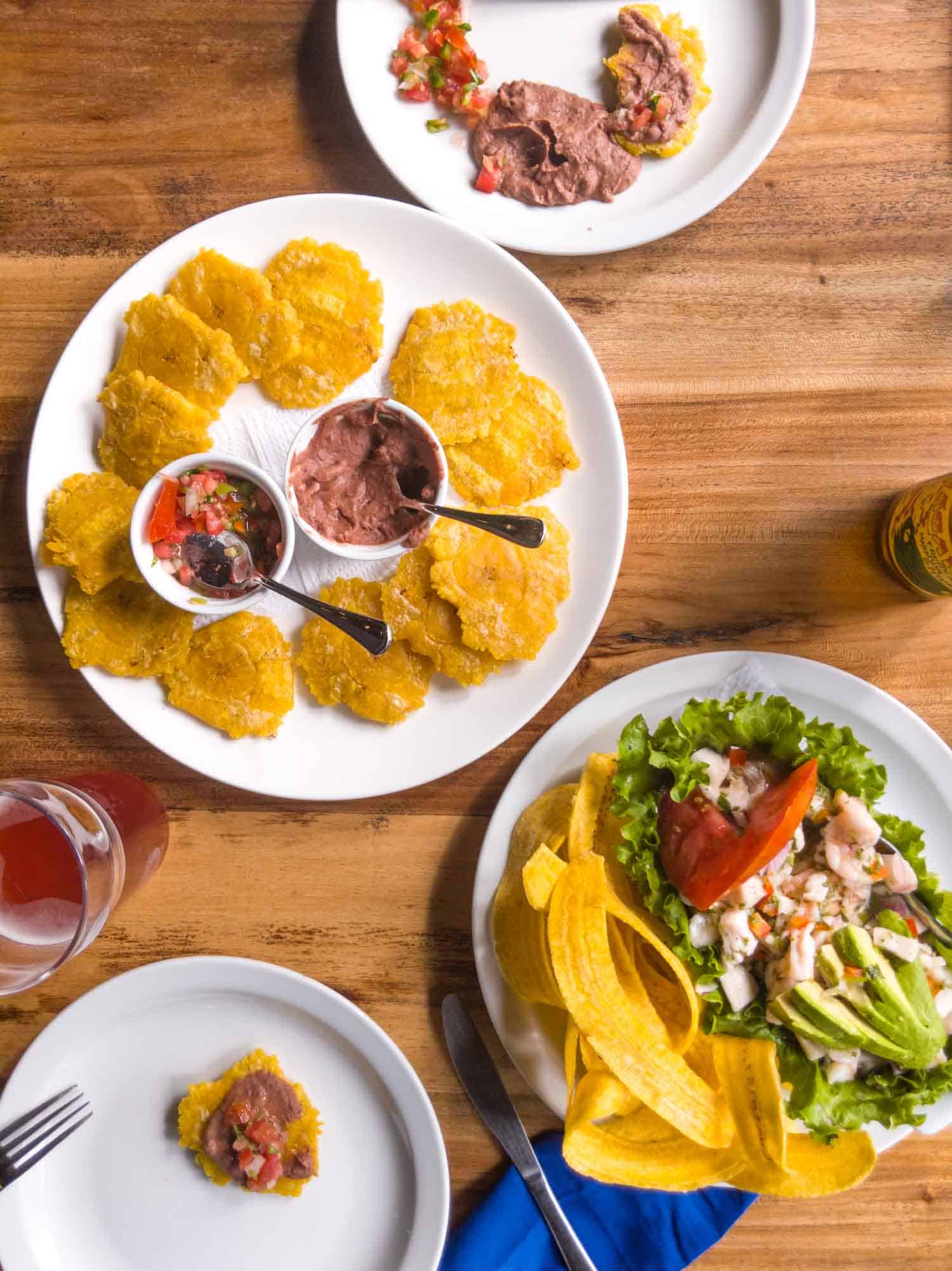 Costa Rican lunch with ceviche and patacones.