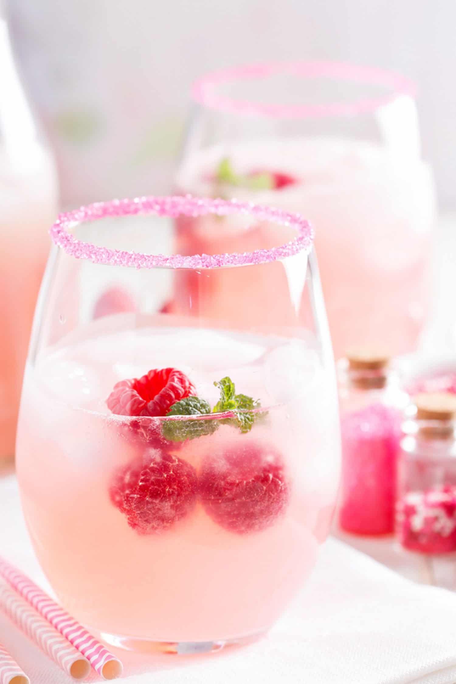 Rose sangria with ice in a glass