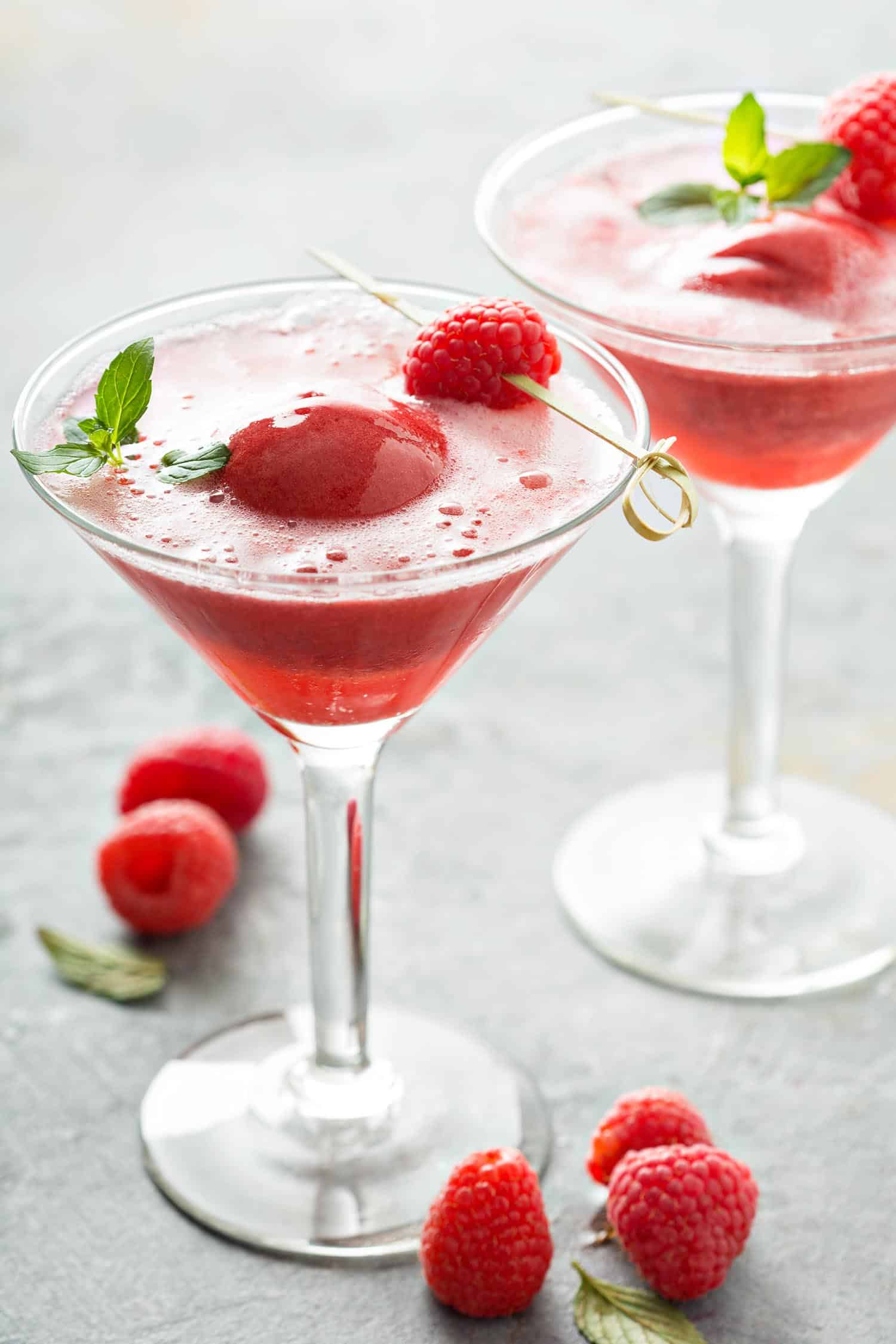 Raspberry sangria in martini glasses