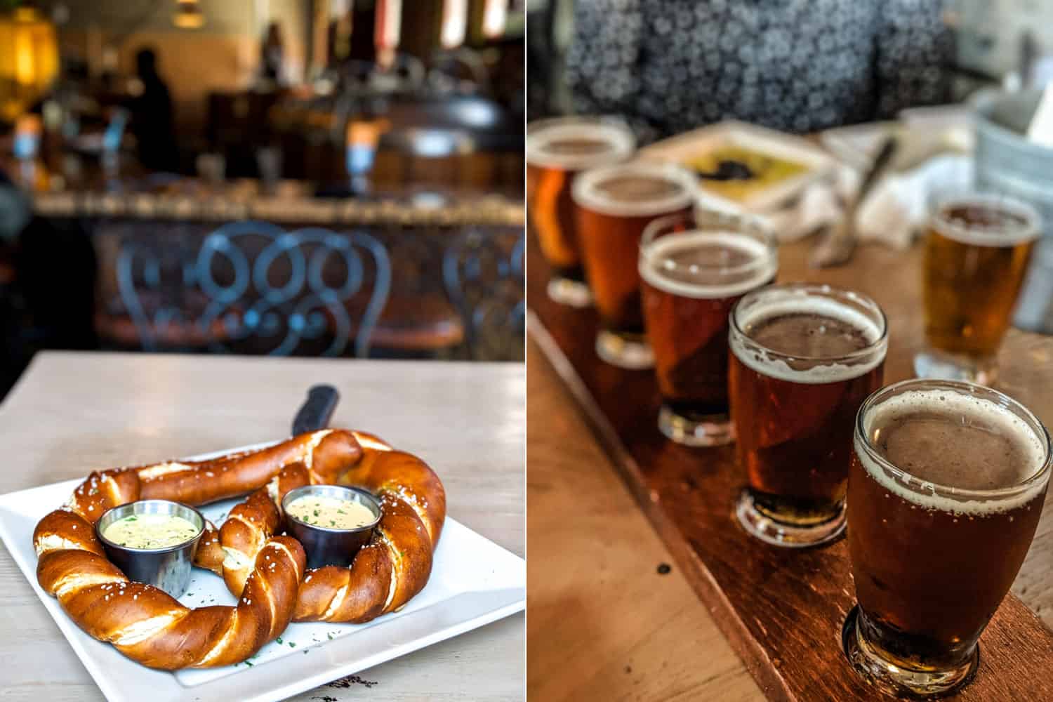 Pretzel and flight of beers at Red Car brewery in Torrance California