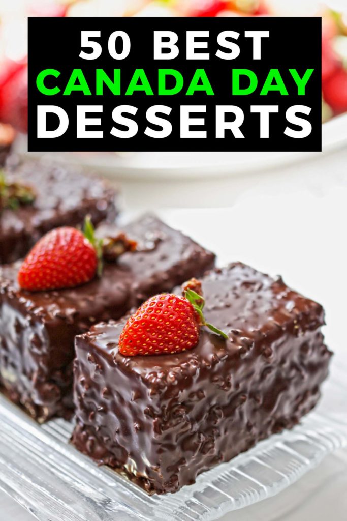 Strawberry chocolate dessert on a glass plate and text 50 best Canada Day desserts