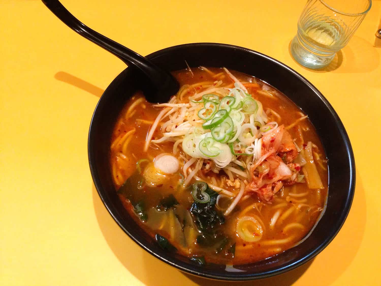 Volcanic ramen in a black bowl in Japan.