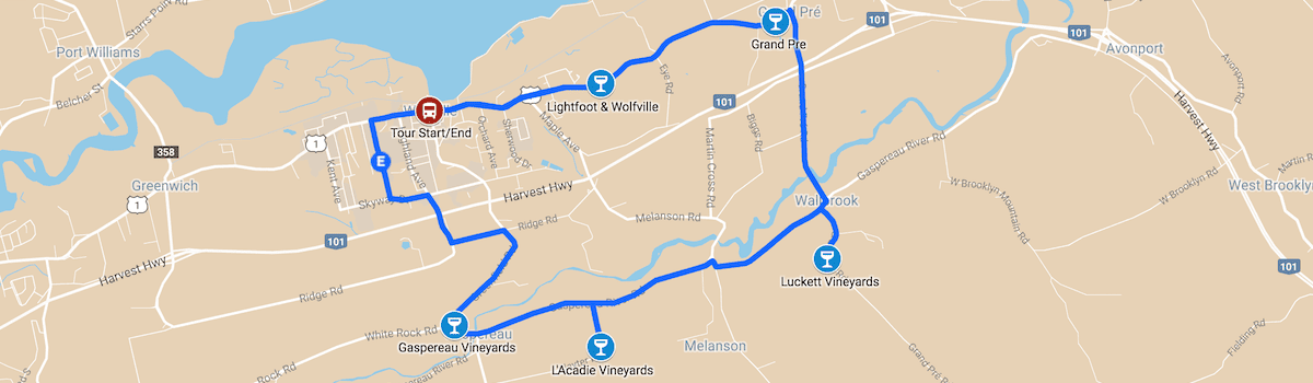 Magic Winery Bus Tour Route - map of Wolfville wine bus