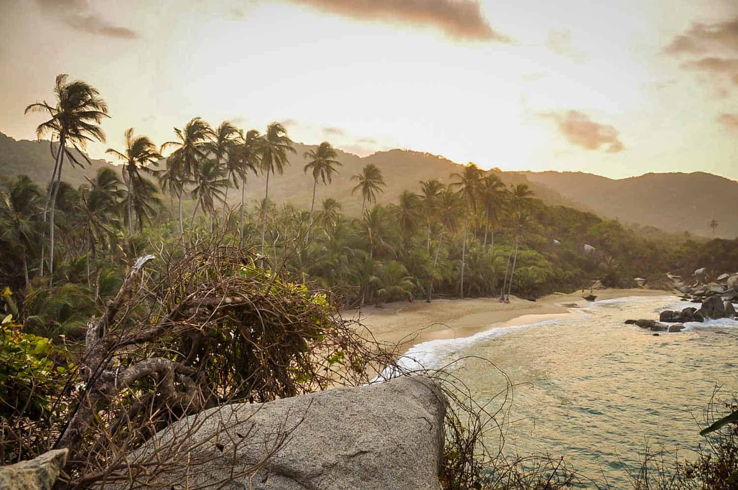 Sunset at the beach of Tayrona National Park in Colombia